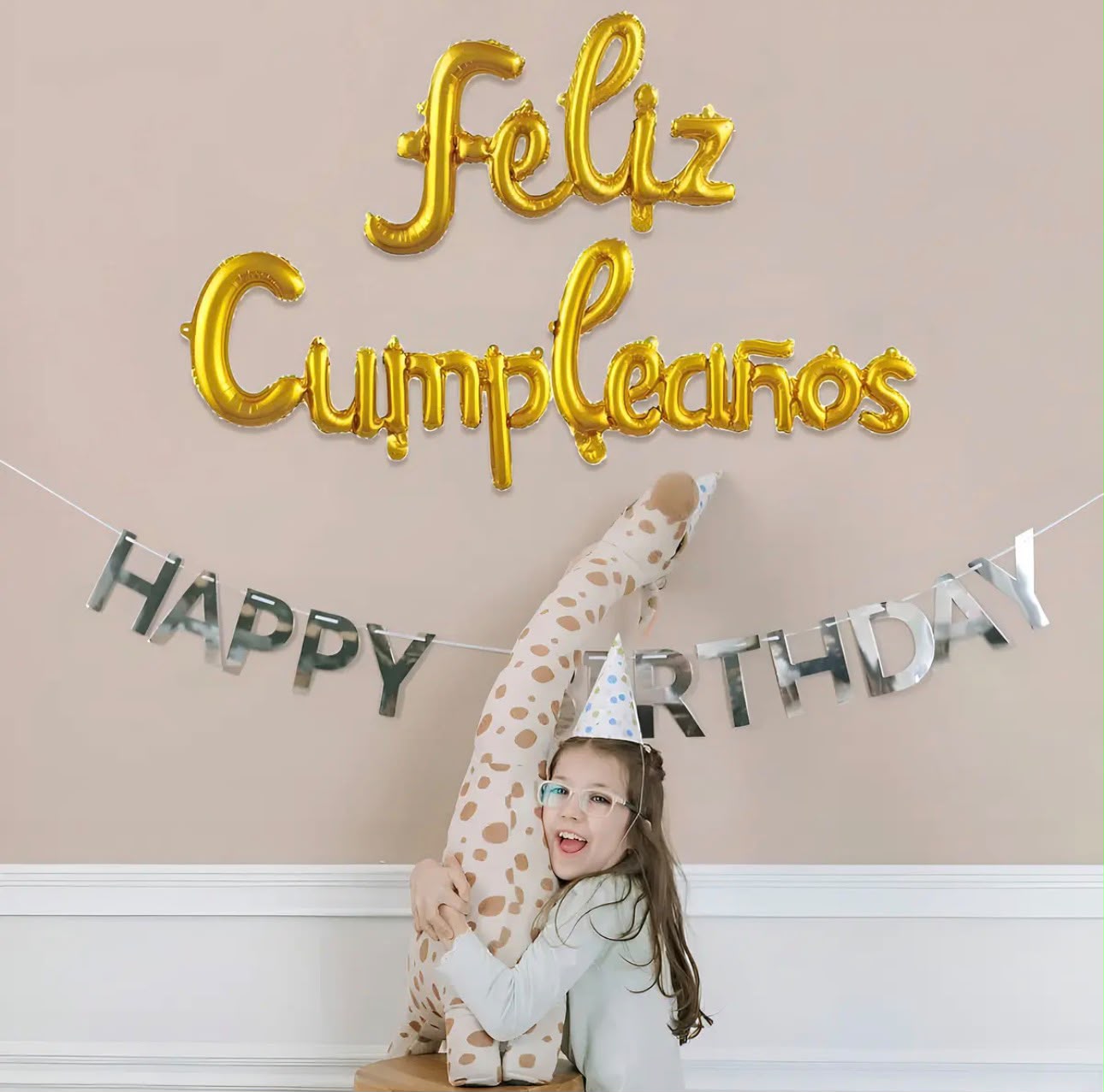 Set Globos "Feliz Cumpleaños" Letras Cursivas Dorado