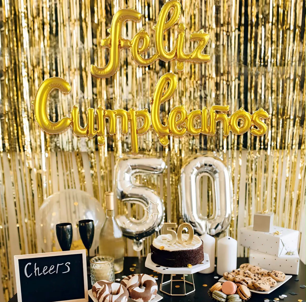 Set Globos "Feliz Cumpleaños" Letras Cursivas Dorado